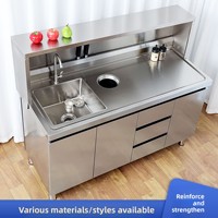 Table multifonction en acier inoxydable : station de découpe de fruits, comptoir de caisse, évier, bac à vaisselle et armoire de rangement