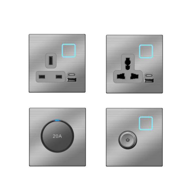 Abuk Brushed Stainless Steel Metal Panel Universal Light Power 20A Safety Electrical Wall Switches Socket With USB Type C