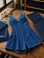 Combinaison en jean bleu foncé pour femme, col halter, décolleté en V profond, sans manches