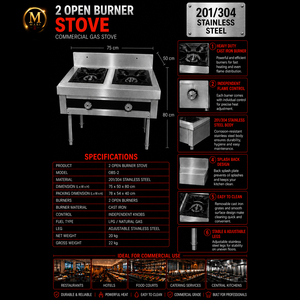 Estufa de Gas Comercial de Acero Inoxidable de Dos Quemadores, Fabricada en Malasia, Excelente para Restaurantes y Servicios de Catering - Product Image 6