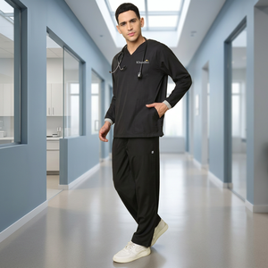 Ensemble de blouses médicales unisexe KhumBro noir, col en V, manches longues, tricoté en mélange coton-polyester, respirant, détectable par les détecteurs de métaux, uniforme hospitalier - Product Image 4
