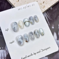 Uñas Postizas Ovaladas Cortas Hechas a Mano, con Brillo Intenso, Efecto Ojo de Gato, Cobertura Total, Uñas Artificiales