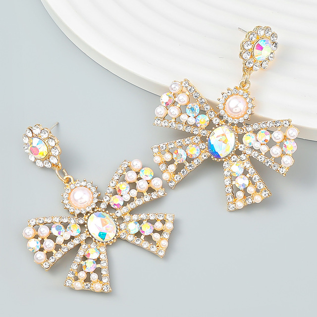 JL16234 Fashion Rhinestones Bow knot Earrings Women Pearls Stud Earrings Jewelry