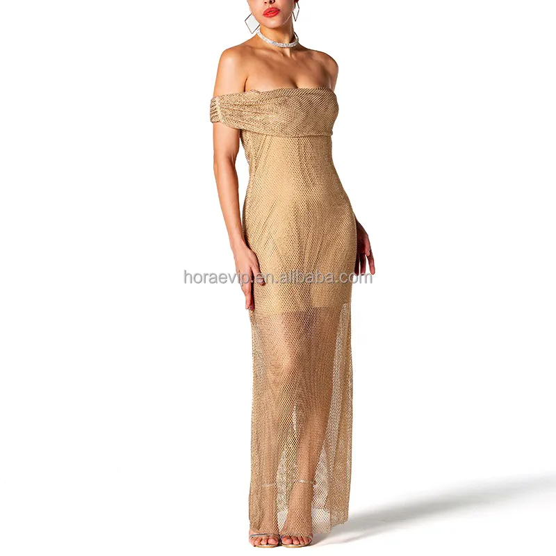 שמלת ערב נשף יהלום קריסטל מעוטרת נשים סקסית מחוץ לכתף ללא גב שמלת ריינסטון ארוכה
