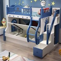 Lit superposé en bois massif de conception française, durable, pour enfants, avec bibliothèque, tiroir et toboggan