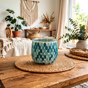 Portavelas de Vidrio Iridiscente Azul Resistente al Calor con Patrón de Mosaico, 14 oz, para Decoración de Mesa de Baño y Hogar en Navidad - Product Image 1