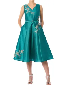 Arrival Women Floral Embellished Dupioni Belt Midi Dress Summer New Casual Dresses OEM Service Embroidered Woven Dupioni