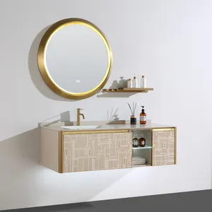 55 Inch Wall Mounted Cheap Bathroom Vanities Set Master Bathroom Vanity Cabinet With Led Mirror And Seamless Undermount Basin