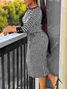 Abito Elegante da Ufficio da <span class=keywords><strong>Donna</strong></span> per Autunno e Inverno in Maglia Elasticizzata con Stampa Pied-de-Poule <span class=keywords><strong>Taglie</strong></span> <span class=keywords><strong>Forti</strong></span> - Product Image 3