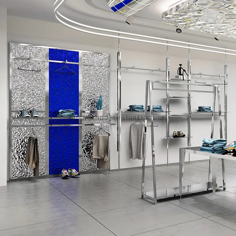 Neues Design Edelstahl Wand Kleider ständer Silber Display Kleiderbügel Regale für Store With Discount