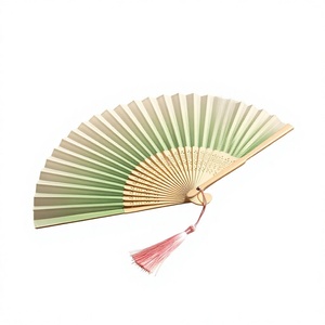 Handmade Bamboo Folding <b>Fan</b> Natural Green Gradient Design <b>Pink</b> Tassel Art Collectible Decor - Product Image 1