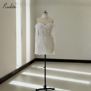 Abito <span class=keywords><strong>da</strong></span> <span class=keywords><strong>sposa</strong></span> corto Ruolai QW02285 con maniche lunghe, allacciatura posteriore, pizzo e perline, vita basca - Product Image 1