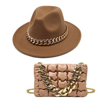 En Gros Ensemble Sac à Main Grande Chaîne Polyvalent et Chapeau Fedora de Loisirs Tendance pour Femme