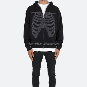 Logo personalizzato di alta qualità Streetwear francese Full Zipup con cappuccio con cappuccio nero con scheletro di strass con cerniera da uomo - Product Image 3