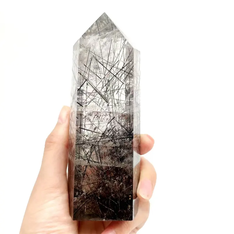 Wholesale natural black rutilated points high quality hair quartz tower heading crystal wands for home decoration