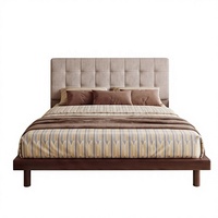 Lit double moderne rétro en bois de noyer avec tête de lit capitonnée en tissu pour chambre principale, mobilier de maison, vente en gros