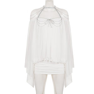 Robe de soirée mini moulante blanche en mousseline à col licou, sans manches, taille naturelle, avec strass et superposition transparente, idéale pour l'été et la plage - Product Image 5
