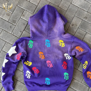 Nhà Sản Xuất Đầy Đủ 3D Phun/Bọt In Axit Rửa Zip up Áo Thun Cắt Cạnh Rhinestone Áo Không Có Chuỗi Đồ Họa Cắt Áo - Product Image 6