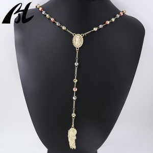 Popolare 14K placcato in <span class=keywords><strong>oro</strong></span> tricolore Vergine Maria <span class=keywords><strong>rosario</strong></span> <span class=keywords><strong>collana</strong></span> con San Beneditto crocifisso perlina tipo catena artiglio impostazione intarsio - Product Image 5