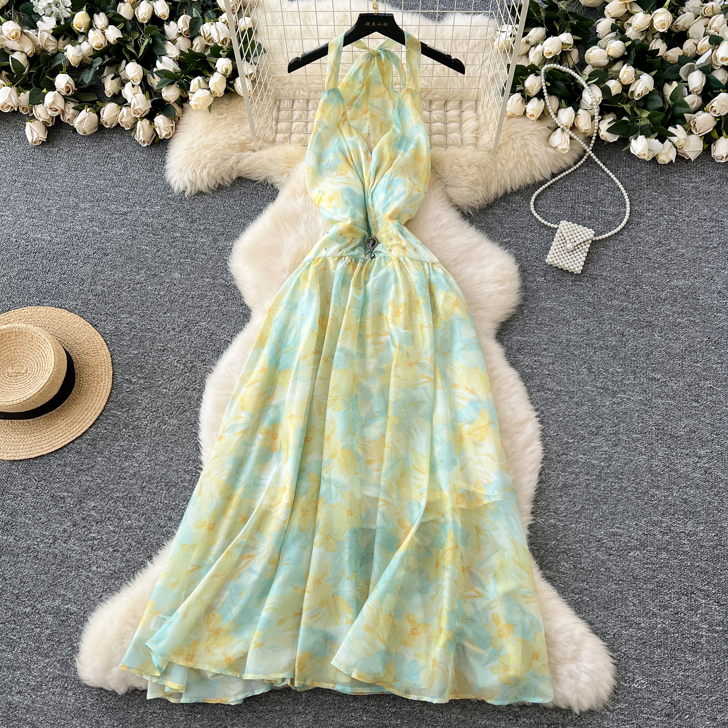 slim fit dress slacks Mint Floral Halter Neck Maxi Dress With Slit main image 0