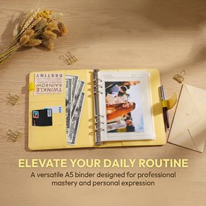 A5 A6 Yellow PU Leather Loose Leaf Personal Planner Wallet Money Organizer <strong>Cash</strong> <strong>Stuffing</strong> <strong>Binder</strong> for A6 Filler Paper - Product Image 5