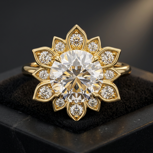 Bague de fiançailles de luxe en or 10K 14K 18K ou argent 925 935 avec halo de pétales floraux en diamant cultivé en laboratoire certifié IGI, bijoux fins - Product Image 1