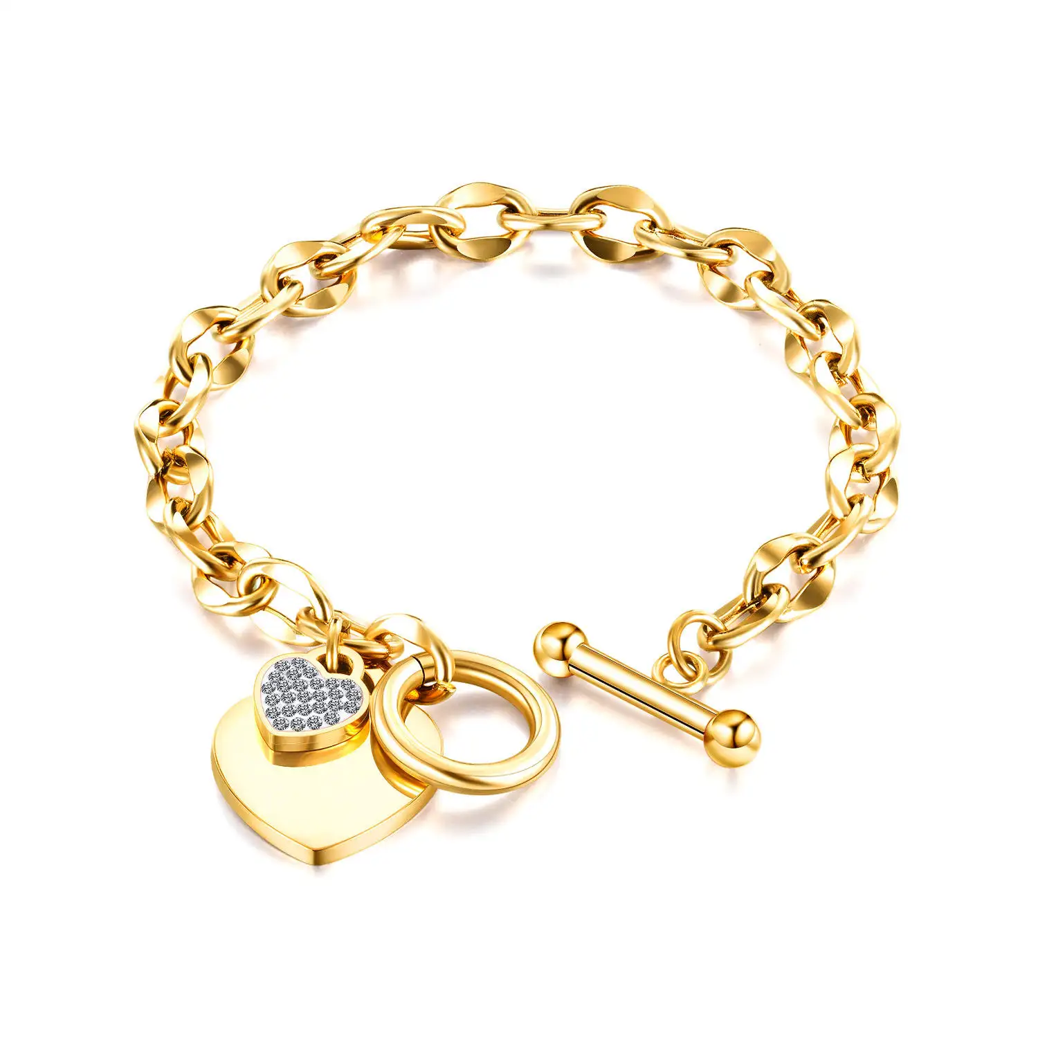 Gold Plated Bracelet Jewelry Stainless Steel Chunky Chain Zircon Heart Charm Toggle Clasp Bracelet Women