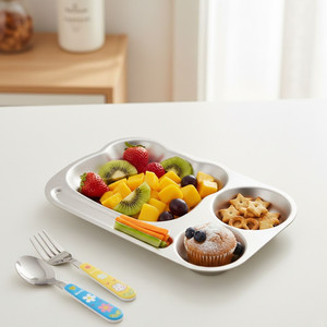 Assiette à dîner divisée pour enfants en acier inoxydable 304 de qualité alimentaire, forme d'ours mignon, plateau d'alimentation pour bébé, assiette à déjeuner en métal - Product Image 1