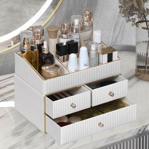 MAVOBO Light Luxury Leather Desktop Exquisite Assembly Double Tier Makeup Cosmetic <b>Storage</b> <b>Box</b> <b>Drawer</b> Organizer - Product Image 1