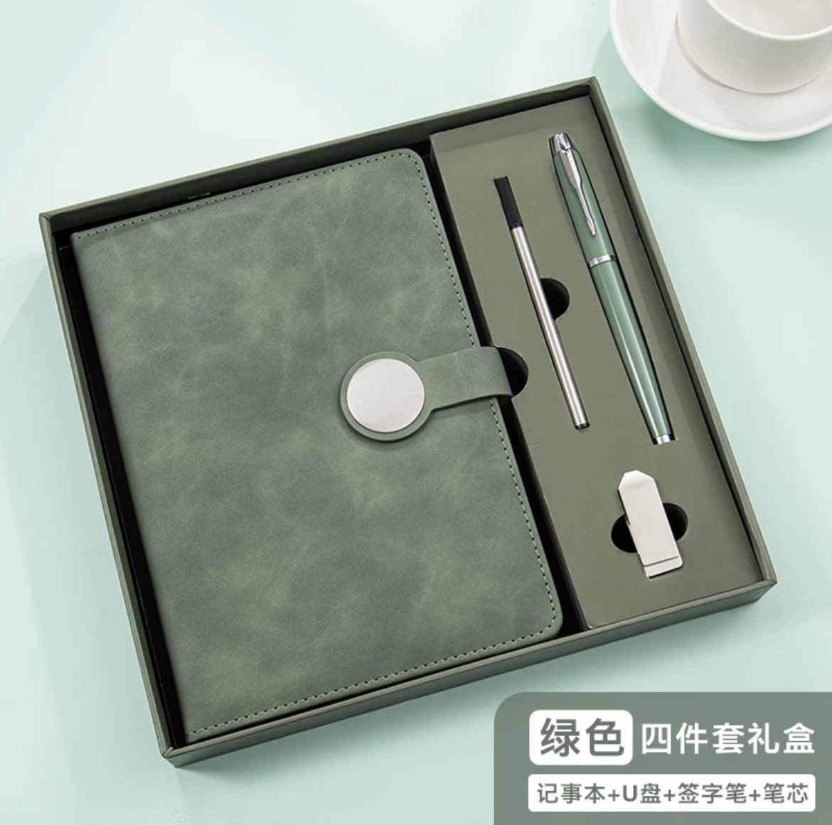 Set de regalo de memoria USB A5 verde.