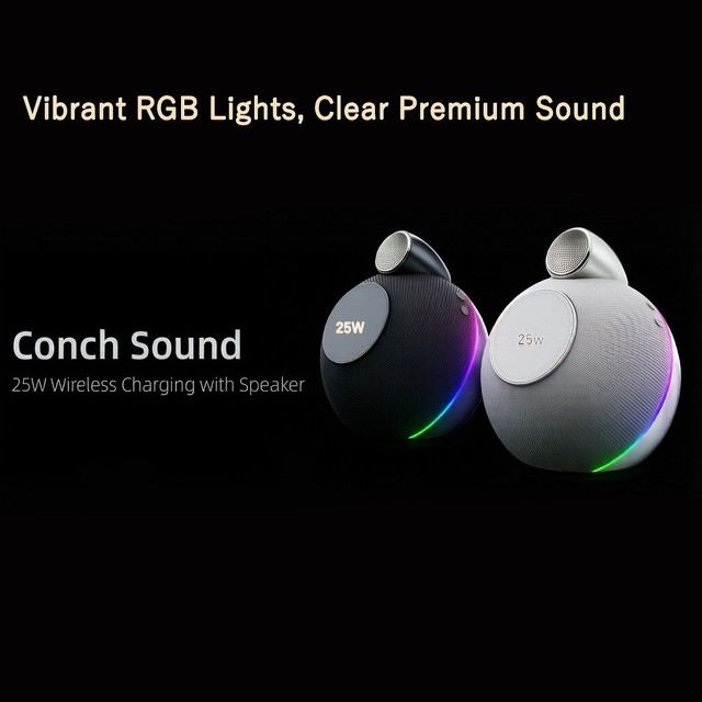 New Product Luxury Multifunctional Conch Shape Wireless Charger With BT Speaker RGB Light for iphone 17 15 Pro Max 25W Charger