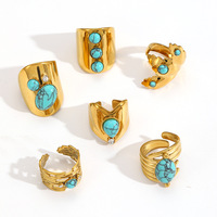 Bague Turquoise Femme en Gros, Orné de Cabochon Doré, Réglable, 6 Styles, Sertissage Festonné, Bijoux en Acier Inoxydable