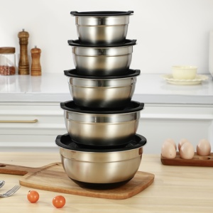 Ensemble de bols à salade empilables en acier inoxydable écologiques avec couvercles, ustensiles de <span class=keywords><strong>cuisine</strong></span> modernes <span class=keywords><strong>pour</strong></span> la cuisson, le service et la préparation <span class=keywords><strong>pour</strong></span> les fêtes - Product Image 4