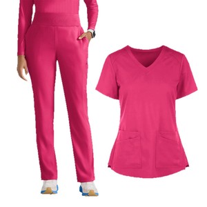 Women V-Neck Scrub Set Moisture Wicking Knitted Uniforms For Medical Use Rose Red Royal Blue Azure Blue Gray Dark Green - Product Image 5