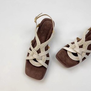 Flat Sandals Square Toe Genuine Leather <b>Strap</b> <b>Buckle</b> Suede Lining Breathable Fashion Trend Solid Color Summer - Product Image 1