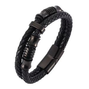 <b>Mens</b> Double-Row Braided <b>Leather</b> <b>Bracelet</b> Bangle Wristband With Stainless Steel Ornaments,Personality and Fashion Jewellery - Product Image 2