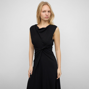 Robe <span class=keywords><strong>tunique</strong></span> noire drapée à manches courtes, extensible, sans manches, col bateau, torsadée devant, froncée, longueur midi, style débardeur - Product Image 3