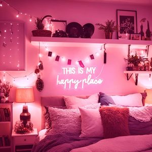 Letreros de Neón Decorativos para Pared, 'Este <span class=keywords><strong>Es</strong></span> Mi Lugar Feliz', para Dormitorio de Adolescentes, LED Rosa, Acrílico, Montaje en Pared, Interruptor Regulable, Alimentación USB, Adhesivo - Product Image 6