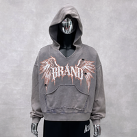 Hoodies courts personnalisés en coton French Terry épais, coupe ample à épaules tombantes, col en V, avec impression sérigraphiée, effet vintage délavé et usé