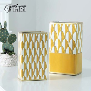 V275 Juego <span class=keywords><strong>de</strong></span> jarrones <span class=keywords><strong>de</strong></span> libros <span class=keywords><strong>de</strong></span> cerámica china amarilla Diseño Art Deco para decoración <span class=keywords><strong>de</strong></span> flores <span class=keywords><strong>de</strong></span> mesa moderna o antigua - Product Image 1