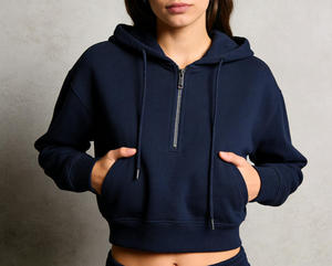 <span class=keywords><strong>Felpa</strong></span> con cappuccio oversize da donna personalizzata all'ingrosso in pile di cotone vintage con <span class=keywords><strong>bordo</strong></span> grezzo e mezza zip, modello corto, neutra - Product Image 2