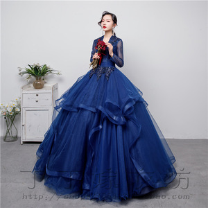 Blue Long Sleeve Ball Gown Women Stage Performance Dress With Embellishments Formal Wear For Choir Singing Art Exam - Product Image 2