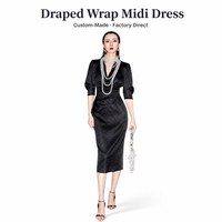 Robe midi en satin noir pour femme, col en V profond, manches trois quarts, taille drapée, plissée, style fourreau, pour soirée, OEM ODM, directement de l'usine