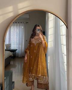 2024 Indian/Pakistani Embroidery Long Kurta Plazo & Dupatta <b>Dress</b> Crystal Glass Beads Dabka Work Lace Decoration for Party-Wear - Product Image 1