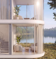 Maison préfabriquée moderne en verre courbé pliable et mobile, bureau modulaire de luxe à 2 étages pour chantier de construction et dortoir