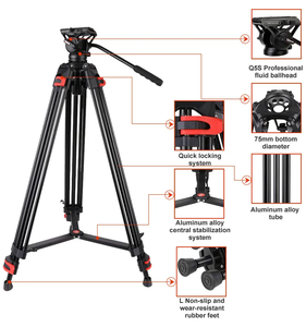 Trépied vidéo professionnel avec trépied d'appareil photo robuste en aluminium à tête fluide pour DSLR pour caméscopes Canon Nikon <span class=keywords><strong>Sony</strong></span> - Product Image 2
