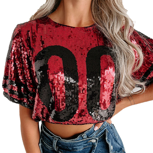 Haut en jersey à paillettes brillantes personnalisé pour jeunes filles, crop top court avec manches bouffantes rayées scintillantes, t-shirt de cheerleader - Product Image 2