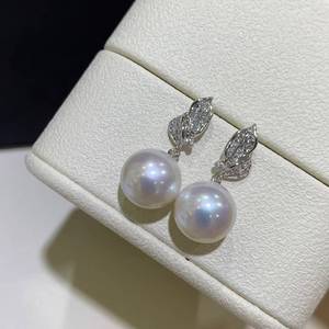 wholesale fine Jewelry S925 <b>Silver</b> Leaf Zircon Freshwater Pearl Dangle <b>Earrings</b>, 10-11mm Round White Pearl <b>Drop</b> <b>Earrings</b> - Product Image 5