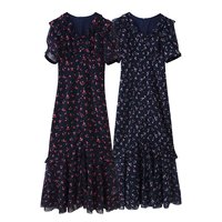 Robe midi chic et décontractée pour femme, nouvelle collection été 2026, col en V imprimé, à volants, style rétro, manches courtes.