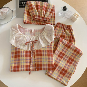 Women's Summer Spring Autumn <b>Lace</b> Cotton Pajamas Big Lapel Neck Short Sleeve <b>Elastic</b> Waist Breathable Soft - Product Image 1